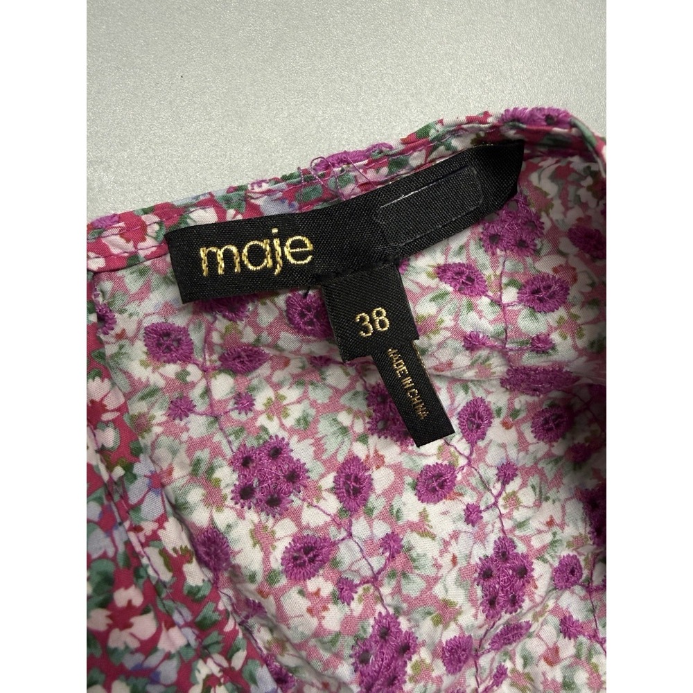 Maje Ryad Floral Puff Sleeve Ruched Mini Dress Fuchsia Pink Cotton Sz 38 US 6 - Picture 9 of 15